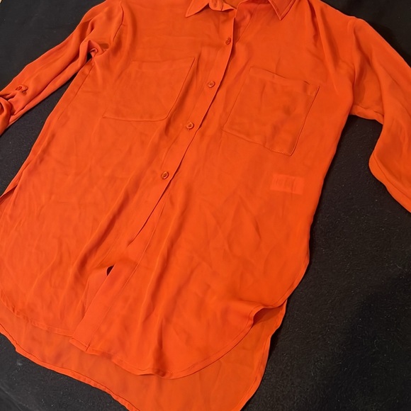 Tangerine sheer button down with adjustable sleeves. Women’s SMALL - Picture 2 of 6